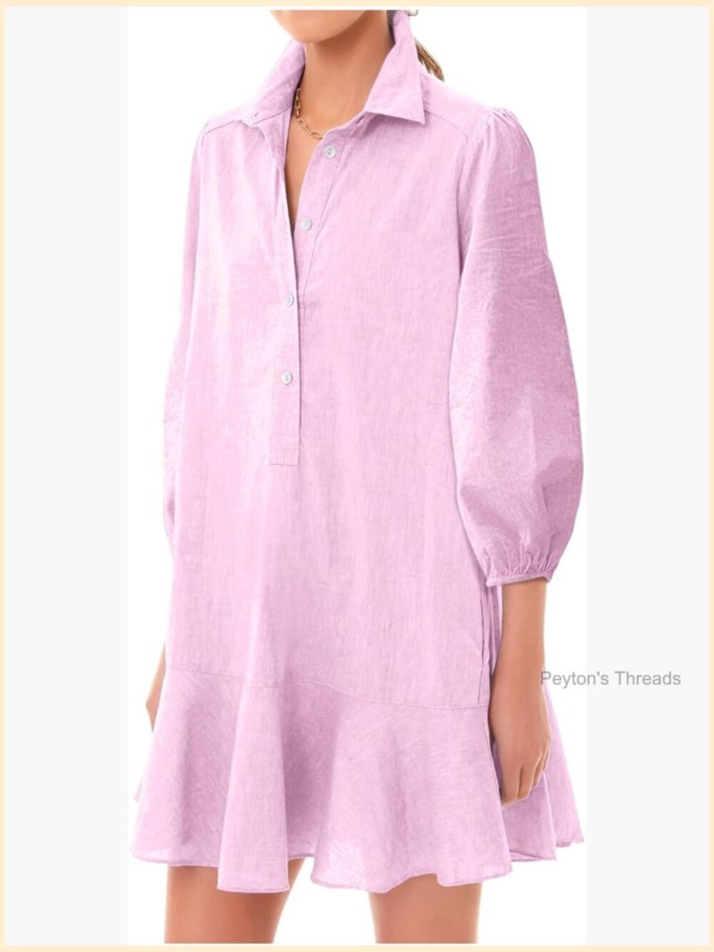 Woven Button Down Dress Puff Sleeve Ruffle Hem Tunic Shift Mini Cotton Linen - Picture 1 of 5